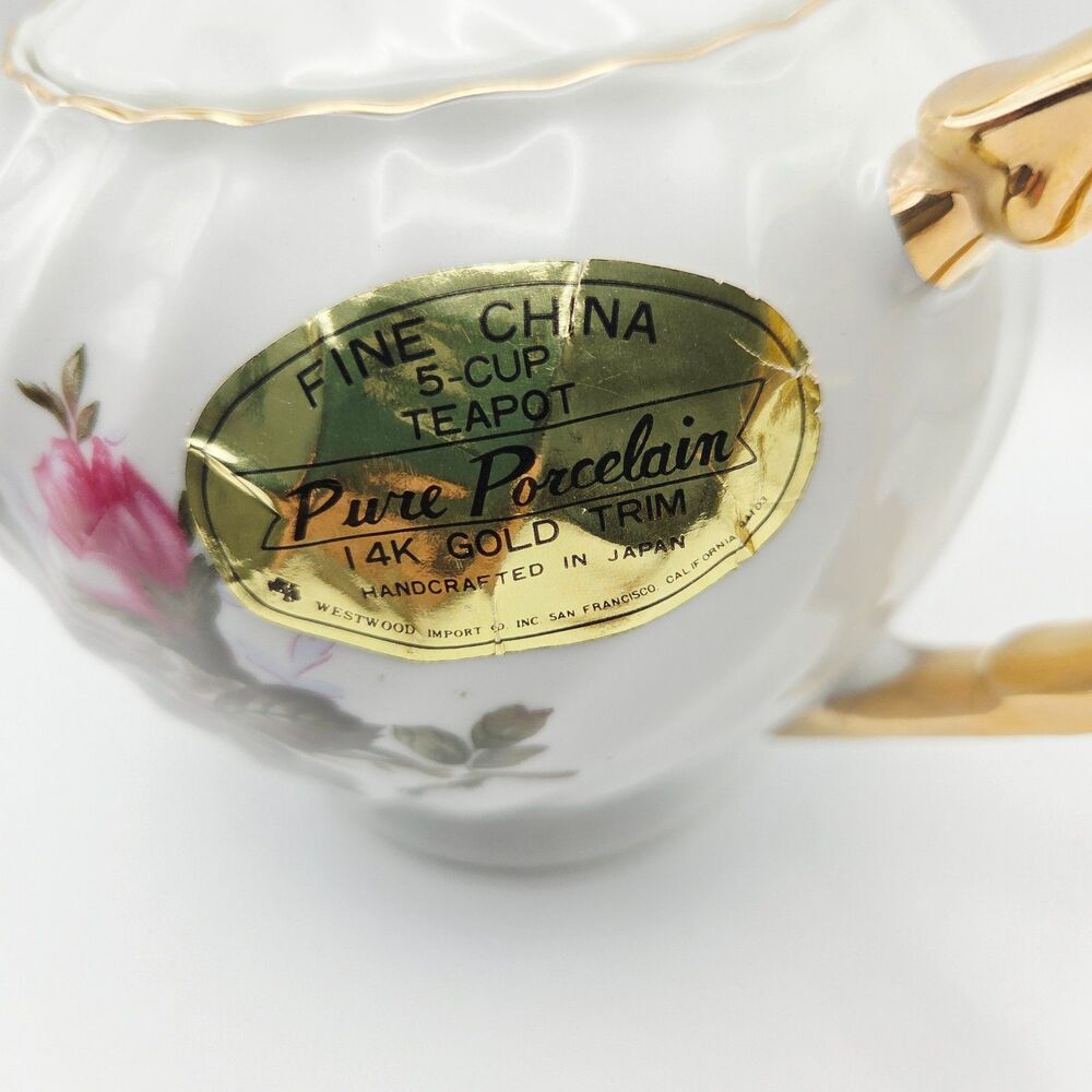 Vintage Japanese Moss Rose 15-Piece Porcelain Tea Set 14K Gold Trim Floral - Picture 11 of 12